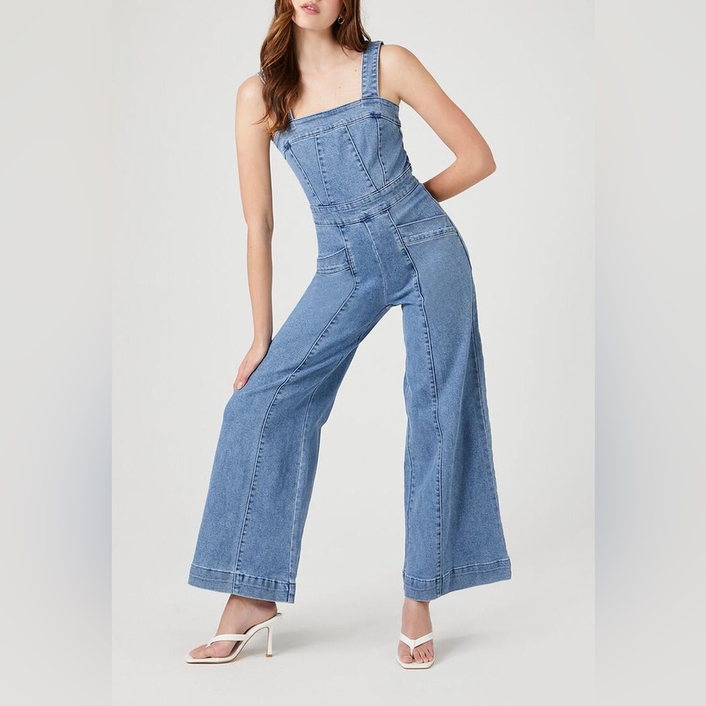 Forever 21 Light Blue Denim Wide-Leg Jumpsuit